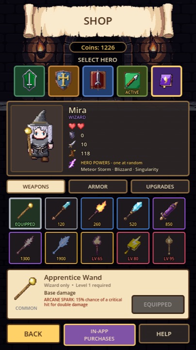 The shop, with a hero's weapons in rarity-coloured frames